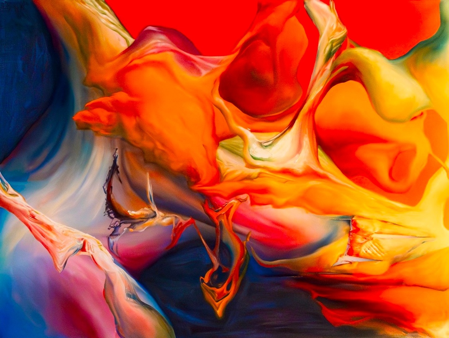 An orange and blue abstract work of undulating forms and a viscous feeling. 