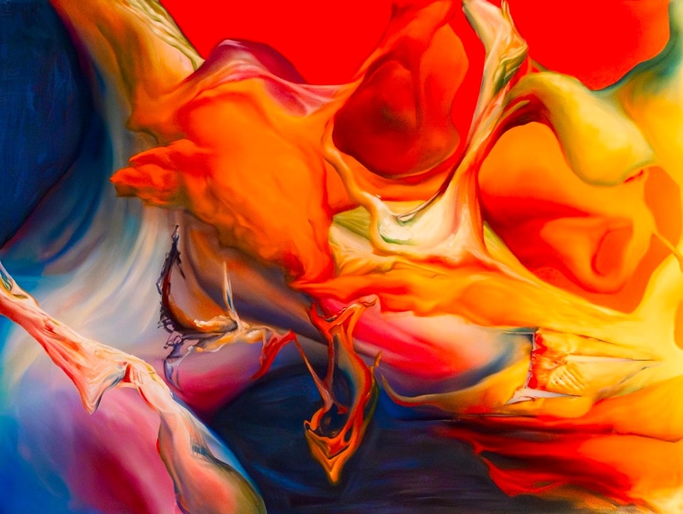 An orange and blue abstract work of undulating forms and a viscous feeling. 