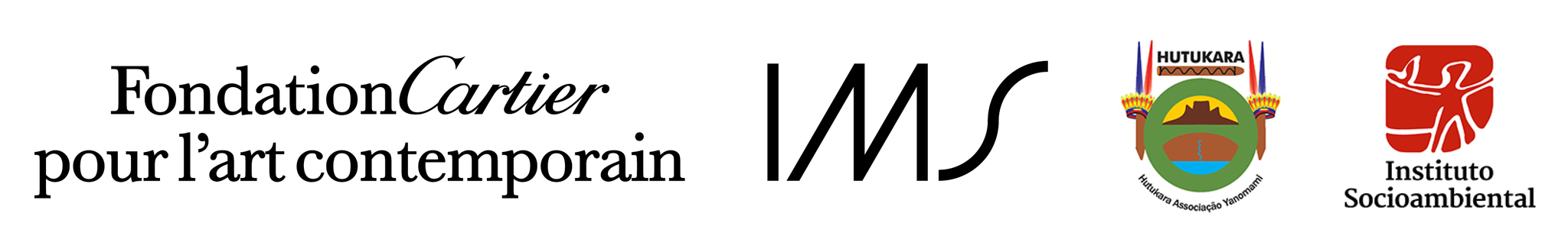 The logos for Fondation Cartier, Instituto Moreira Salles, Hutukara Associacao Yanomami, and Instituto Socioambiental