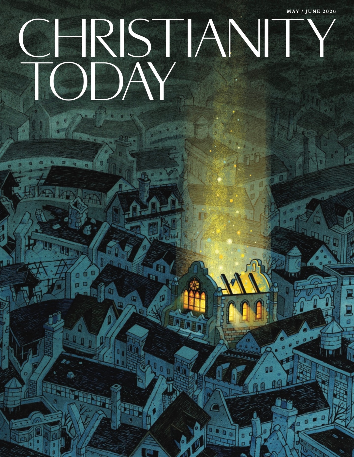 Illustration with cityscape in dark colors except one church with an open roof and light emanating into the sky. The words Christianity Today are in large type at the top of the page.