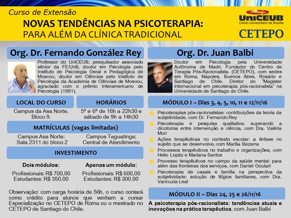 Curso de extensão: "Novas tendências na psicoterapia: para além da clínica tradicional" (UniCEUB).