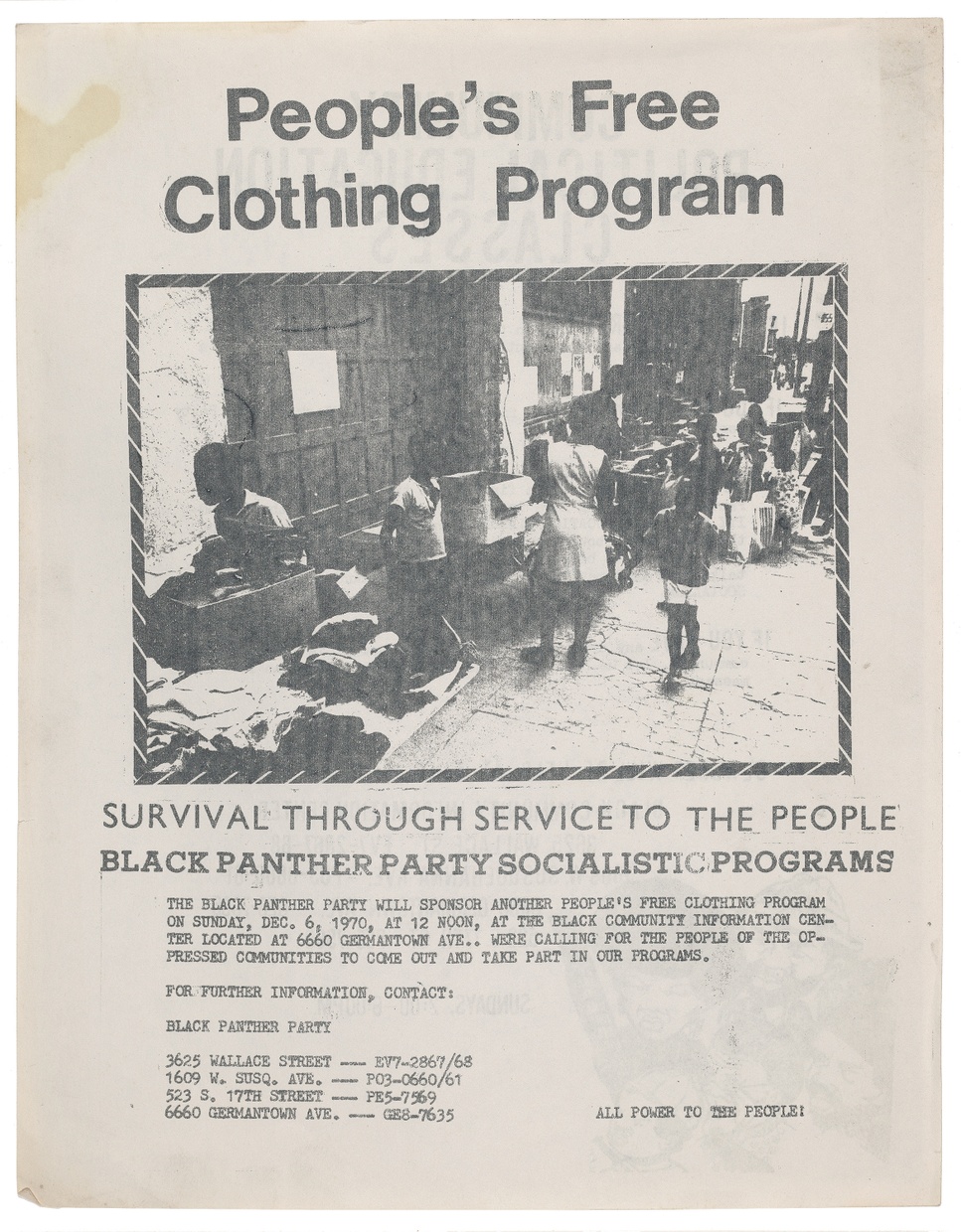 A black and white poster describing “Community political education classes,” and where to find the classes if interested. A cartoon of a diverse group of people is printed in the lower left corner. 