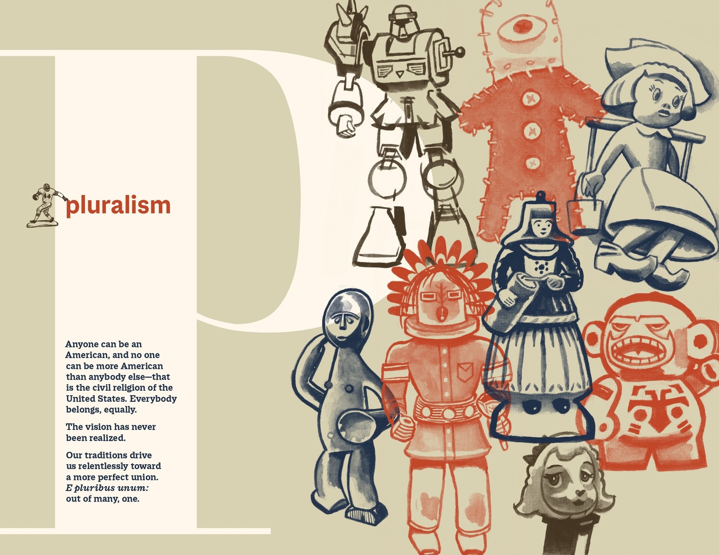 Book page for the letter P-Pluralism, featuring a text block as well as illustrations in red, navy blue, and black of an assortment of toy figures, including robots, dolls, and aliens.
