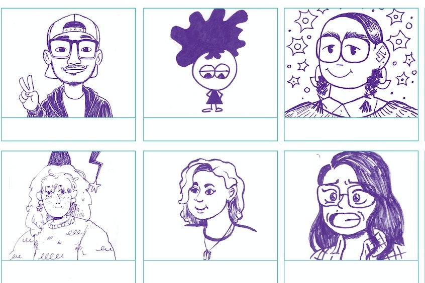 Grid of headshots drawn as comics in a range of styles, all drawn with dark blue linework.