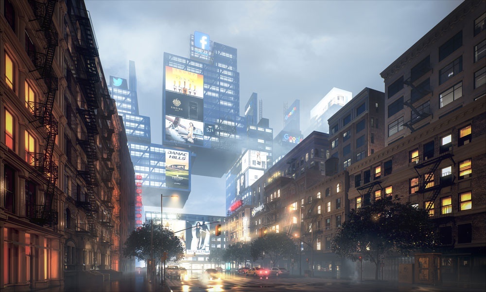 Perspective rendering of a city street lined with brick apartment buildings opening out to a collection of futuristic high-rise structures covered with television screens, shrouded in haze.