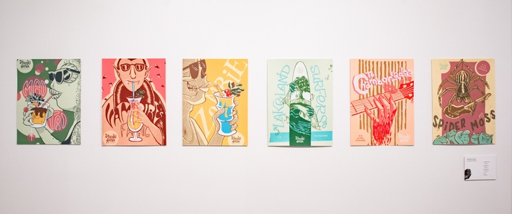 Six posters advertising themed cocktails and activities at a vacation resort called the Hunkidoree, featuring illustrations of various cryptids and monsters having a grand time.