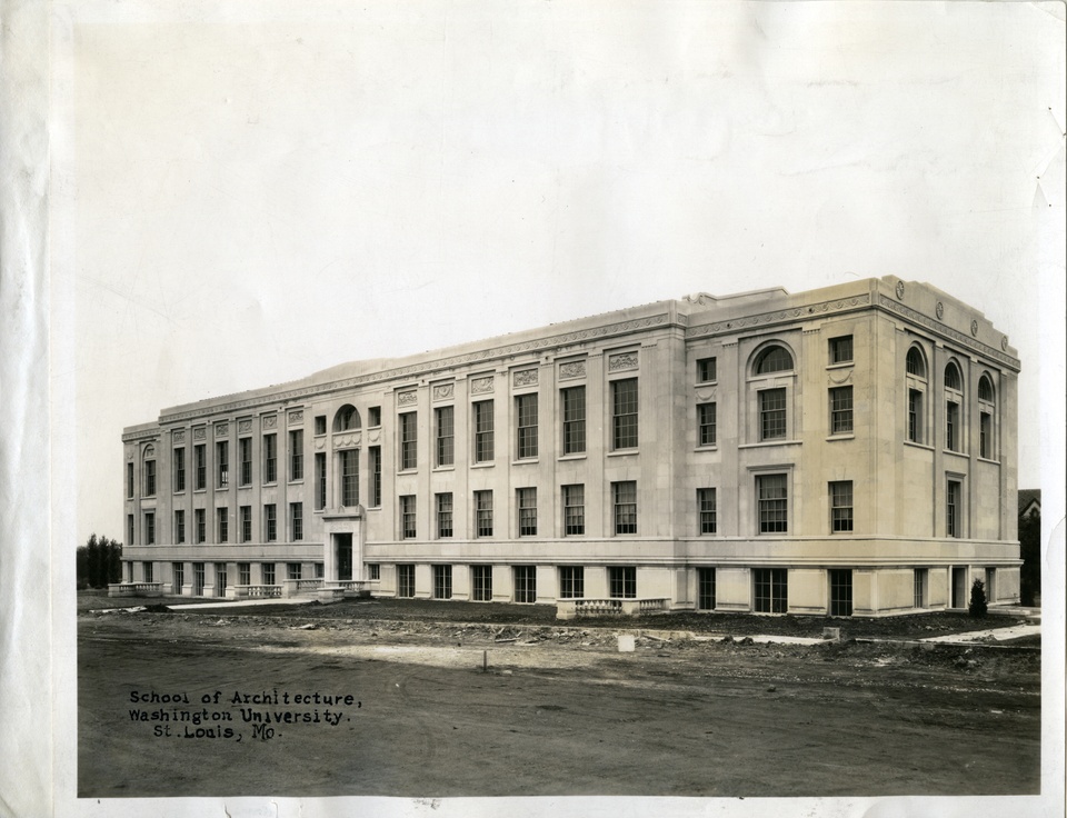 Discolored black and white photo of a Beau-arts era building. Text stamped in the corner reads "School of Architecture, Washington University. St. Louis, Mo."