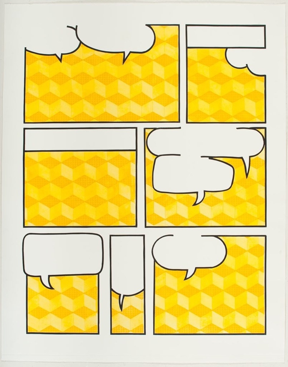 Image of empty text bubbles place in patterned yellow boxes of various sizes 