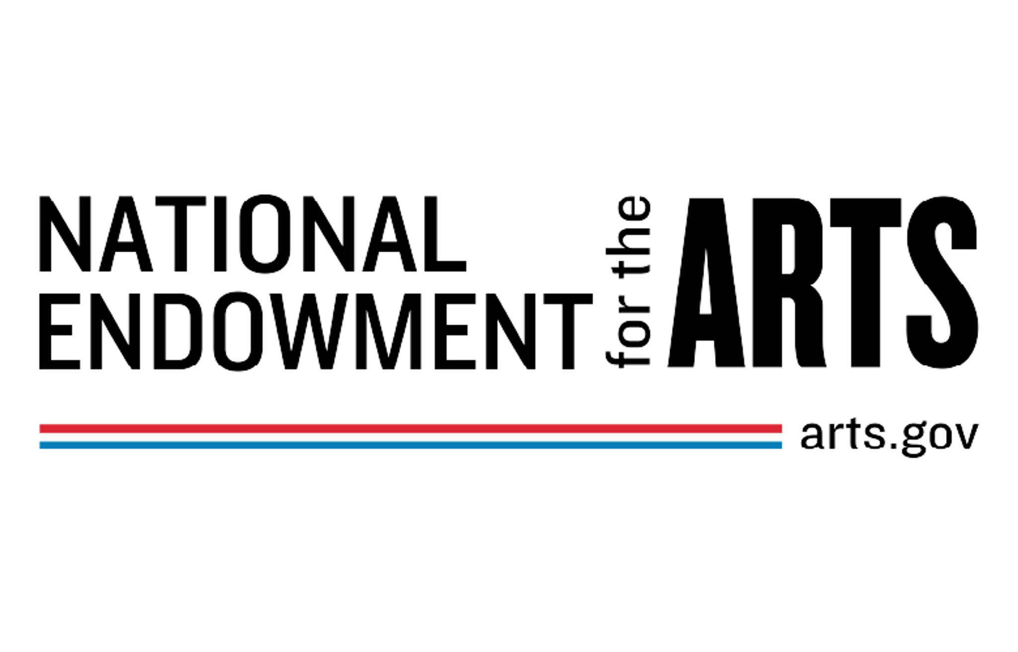 The National Endowment for the Arts logo, with the organization's name above two horizontal lines of blue and red ending in the URL arts.gov