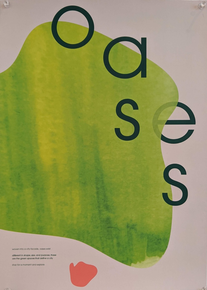 beige poster with lime green blob shape and offset text that says Oases
