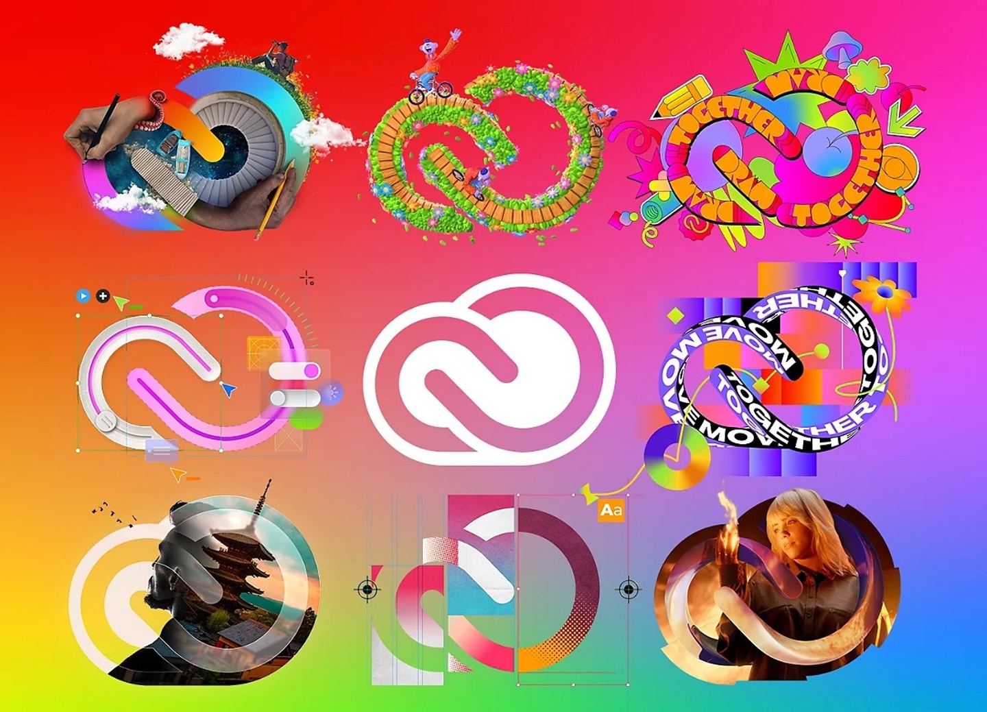 Nine icons of Adobe Creative Cloud on a rainbow background.