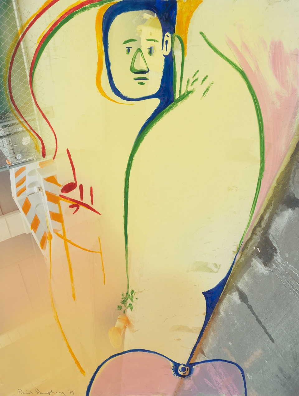 Monoprint of abstracted human figure drawn in blue, red, green, yellow and pink 