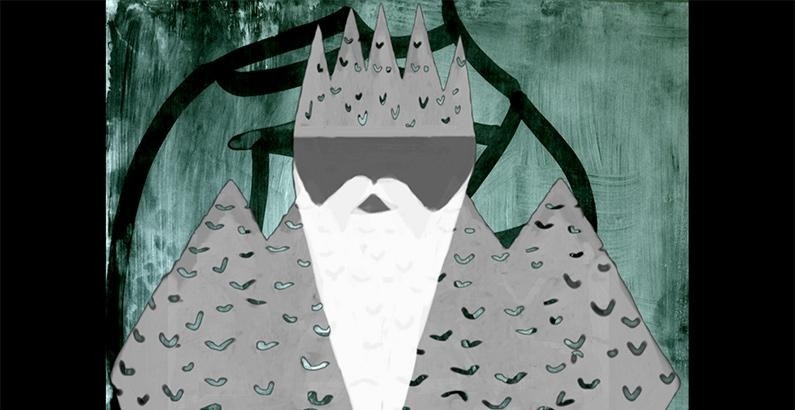 Animated video still of a gray figure with a crown and white beard against a dark teal, painterly background.