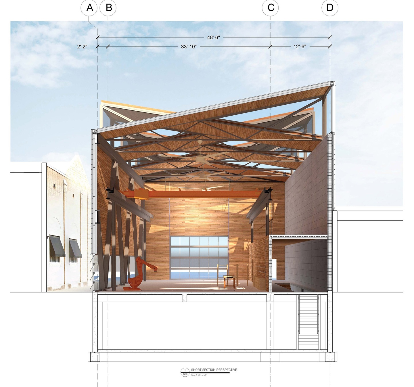 Cross section of a big open space building with criss-cross roof and wooden walls. 