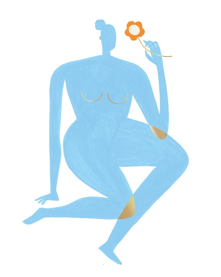 A light blue figure holding an orange flower in their left hand, golden where their limbs overlap — the left elbow, right knee.
