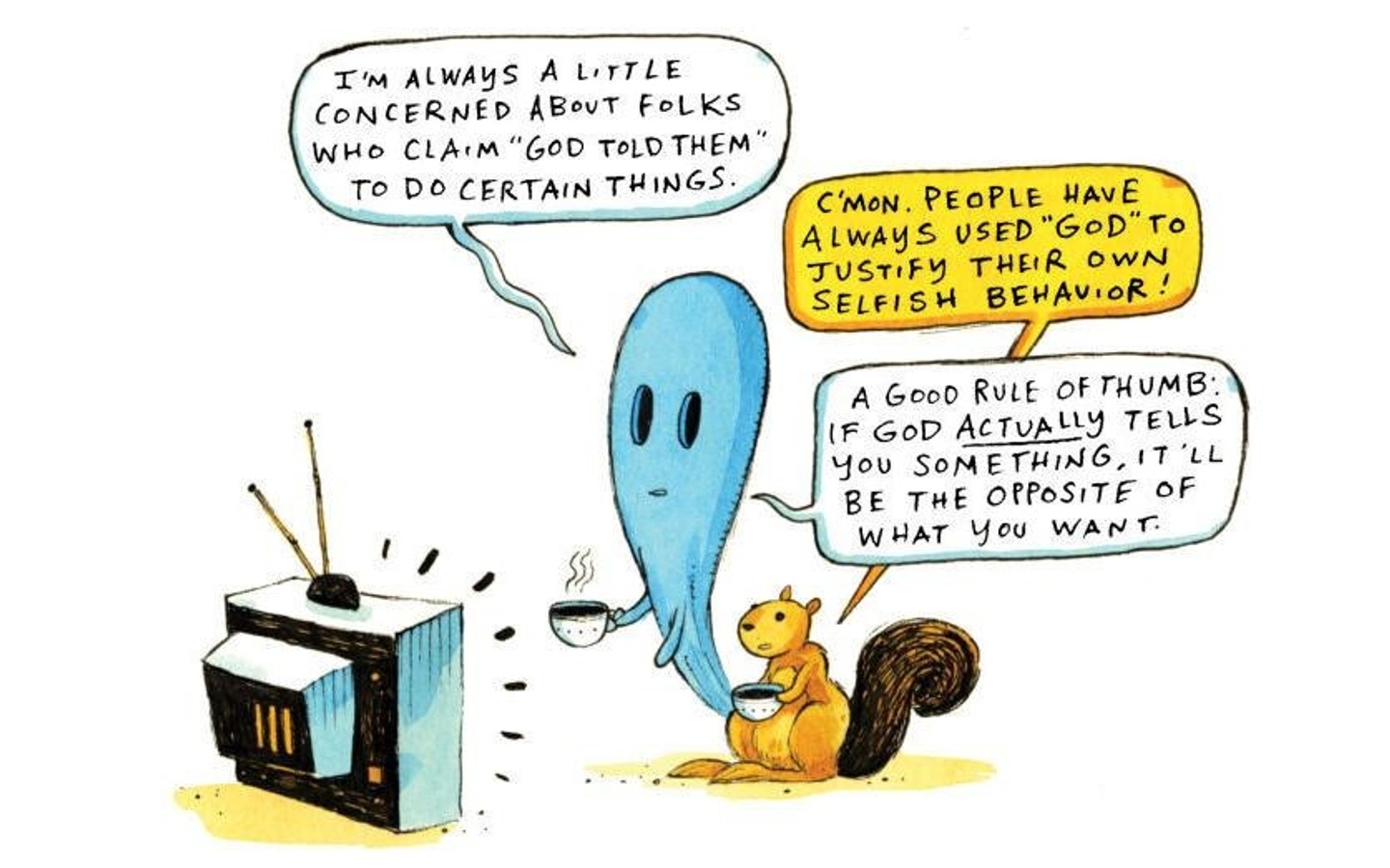 Comic illustration of a powder blue ghost talking to a squirrel in front of a television. 