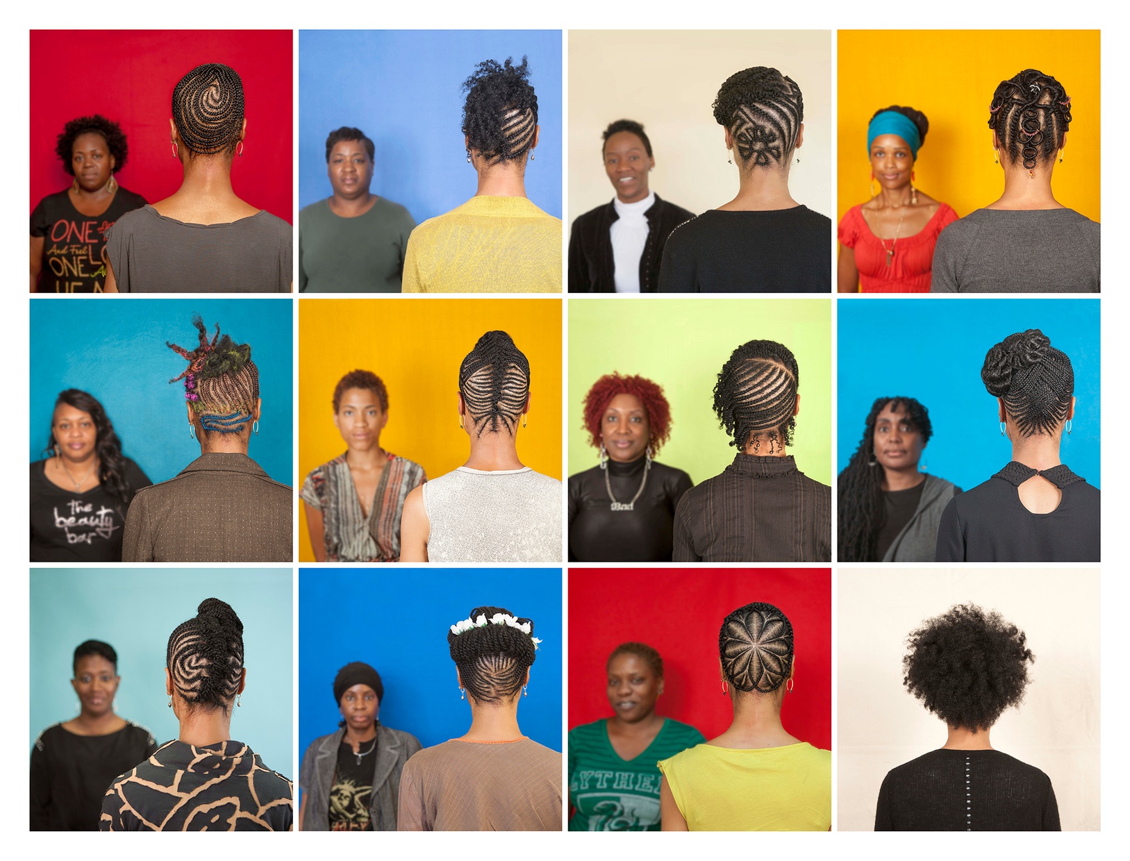 Various photographs in a four x three grid of dark-skinned women with intricate, braided or afro hairstyles facing a colored wall with a dark-skinned woman leaning against it.