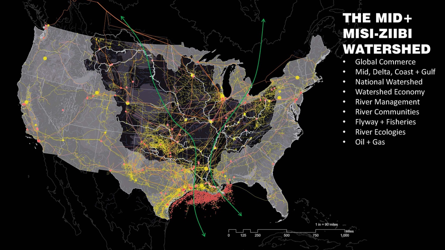 US map marking the watershed from eastern Montana over to Ohio and western Pennsylvania, down to New Orleans.