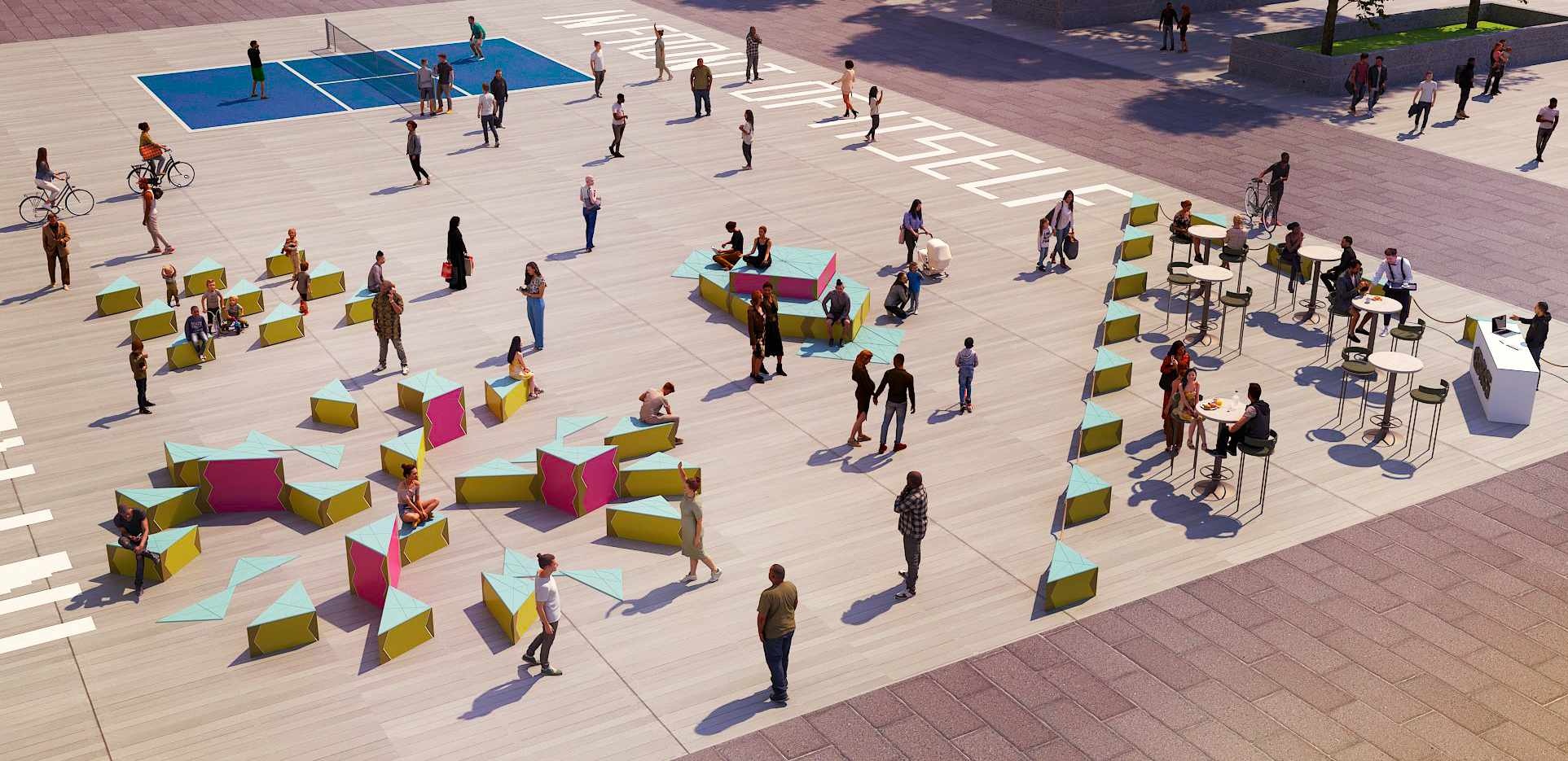 A digital rendering of The Shed's outdoor Plaza seen from above, with triangular seating modules arranged in designs reminiscent of a flower motif. Others are arranged in a sing file line. Visitors walk and sit among the modules. 