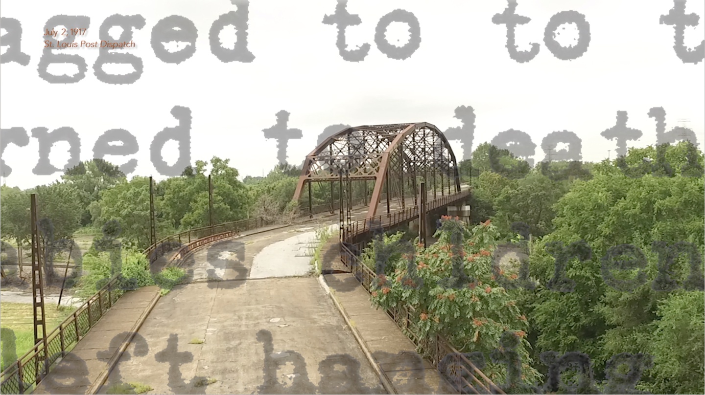 Text set in a large typewriter font superimposed on a landscape, in which a bridge is shown in the center, with greenery to the side.