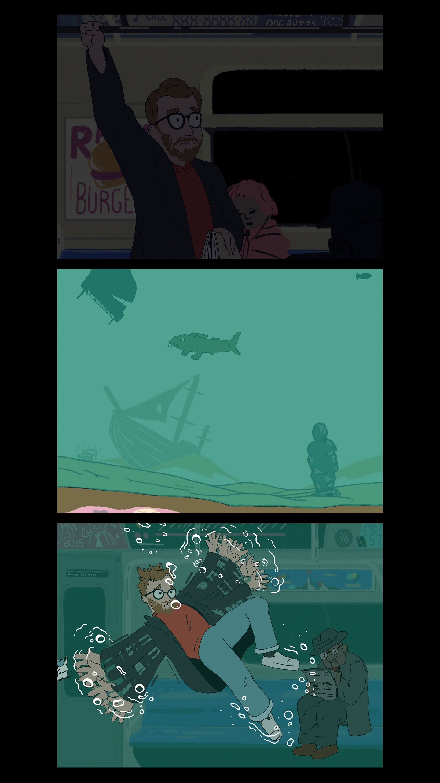 3 panel depicting a guy in a darkened subway, ocean floor and the guy frantically waving his arms underwater