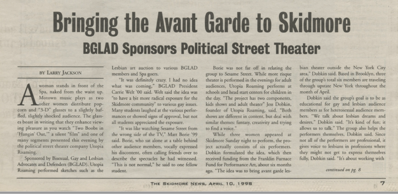 A greyscale excerpt from the Skidmore News dated April 1988 bears the title “Bringing the Avant Garde to Skidmore” written in large bold font in the top center of the page and four columns of text below.