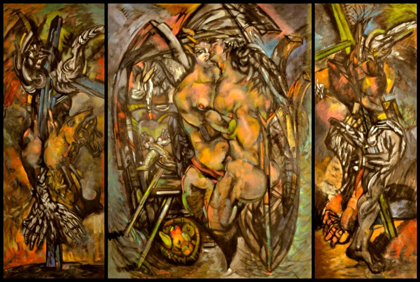 triptych of figures filling the page in oranges and yellows