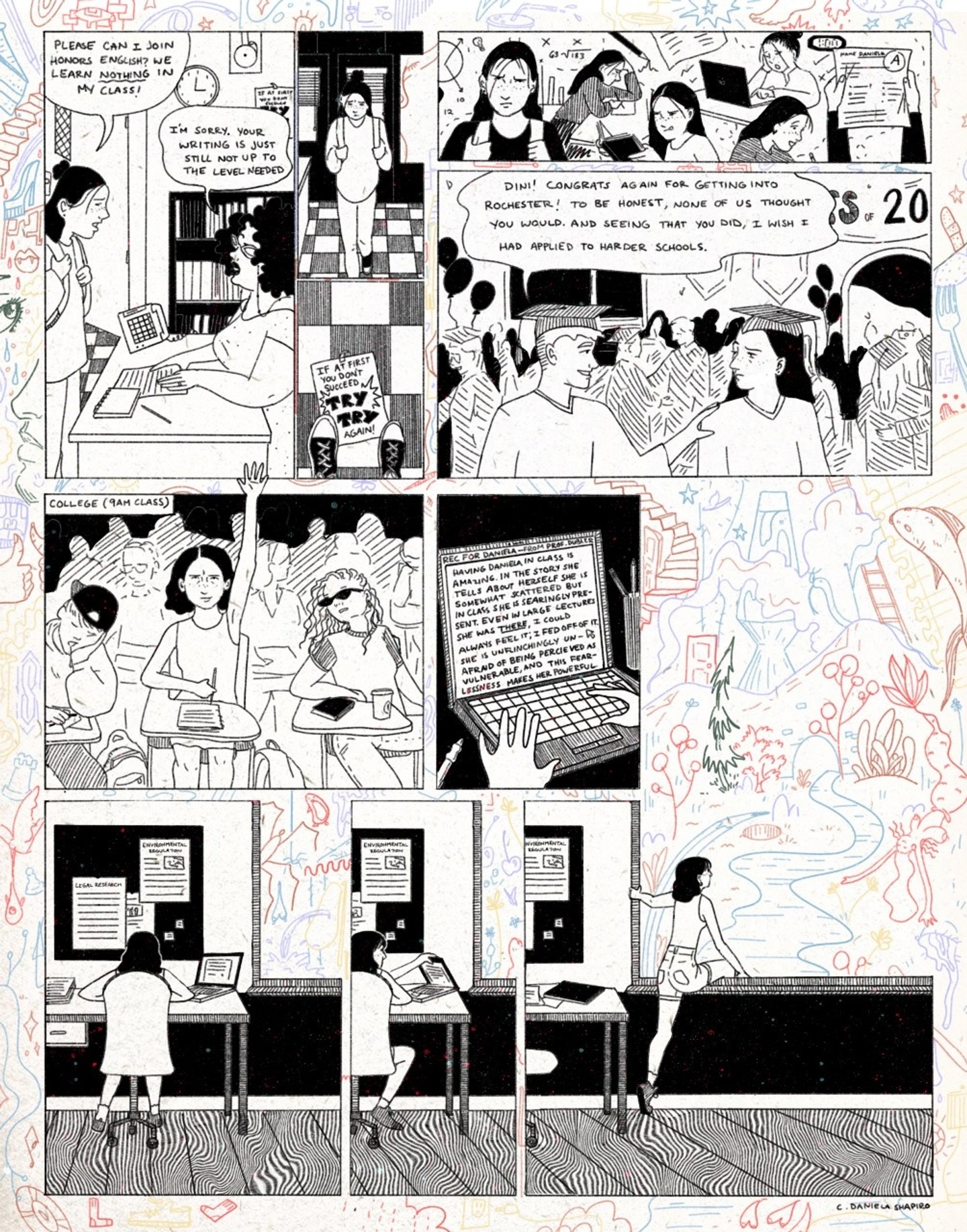 Comic strip depicting a young woman trying hard in school and getting into a university. In the last few panels she walks out of the window behind her study table into a colorful landscape