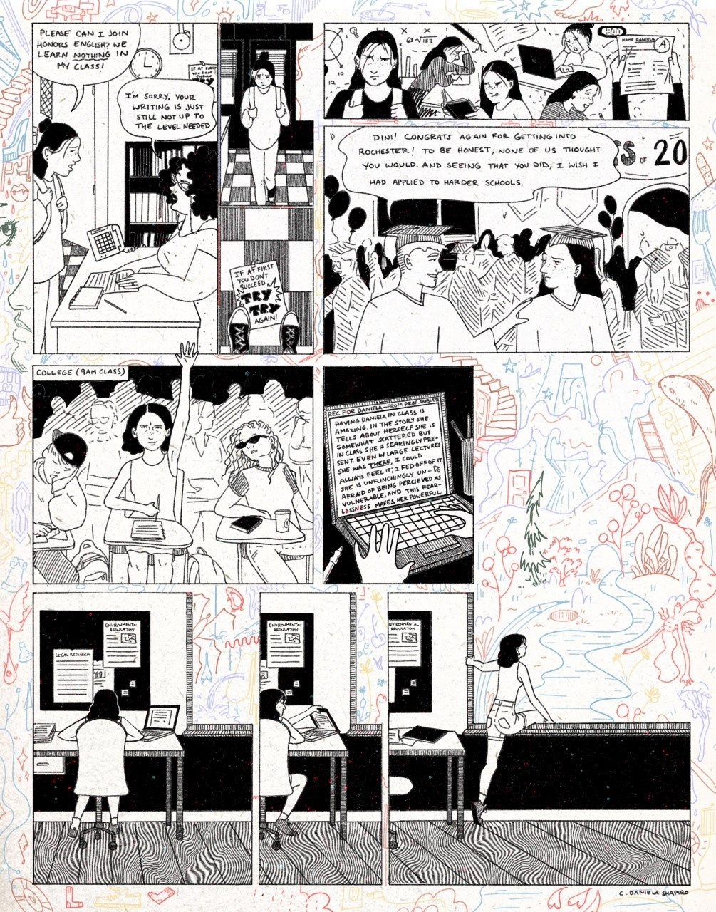 Comic strip depicting a young woman trying hard in school and getting into a university. In the last few panels she walks out of the window behind her study table into a colorful landscape