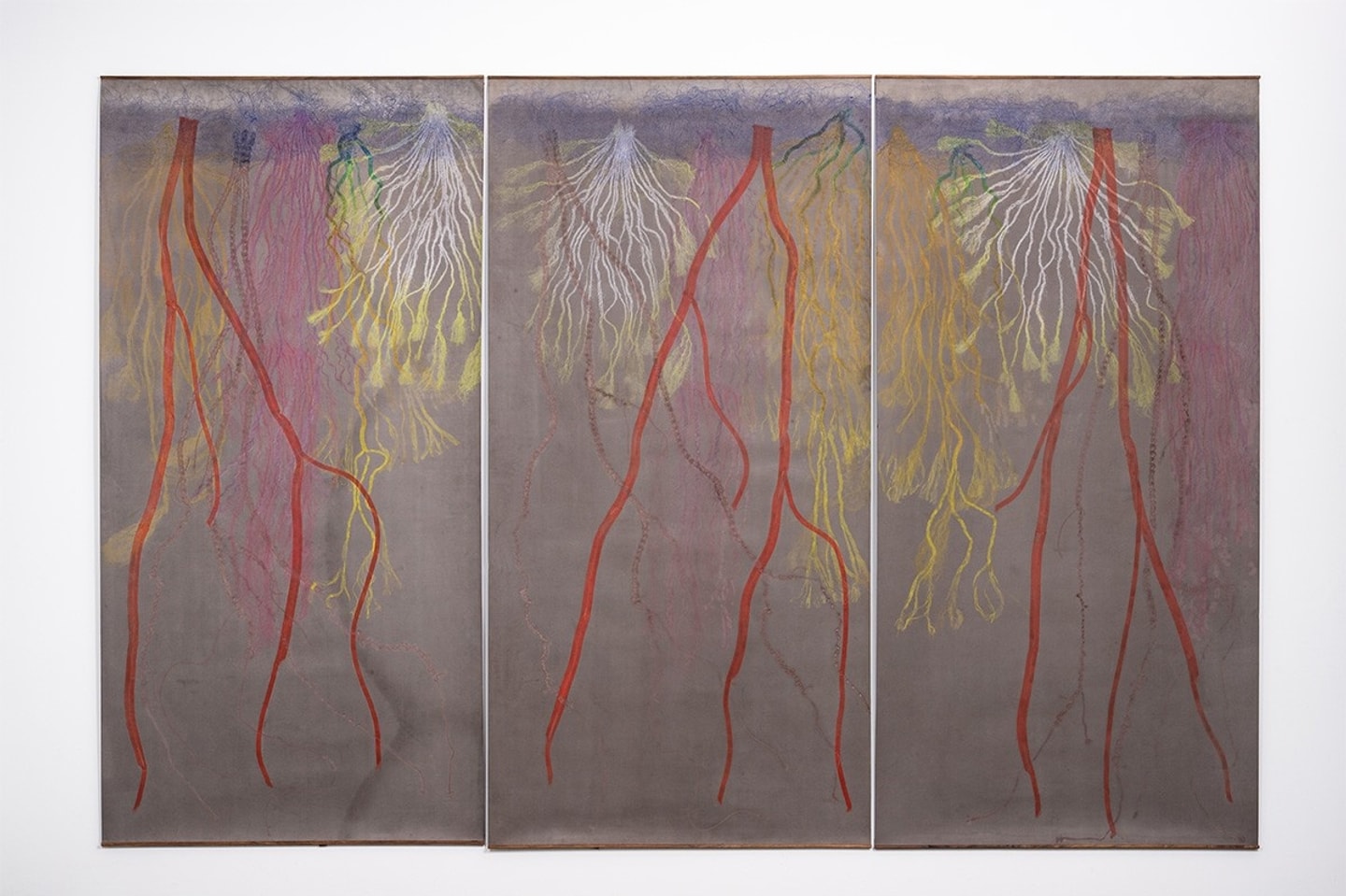 Photo of Carolina Caycedo's "Prairie Root Portrait," 2026. Relief print from paracord, sisal, jute, climbing, and cotton rope on dyed Evolon paper, 108 x 162 overall. 
