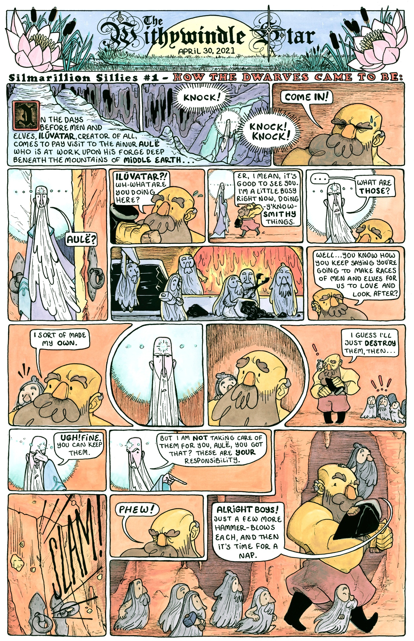 Comic illustration featuring the creation of dwarves from Silmarillion