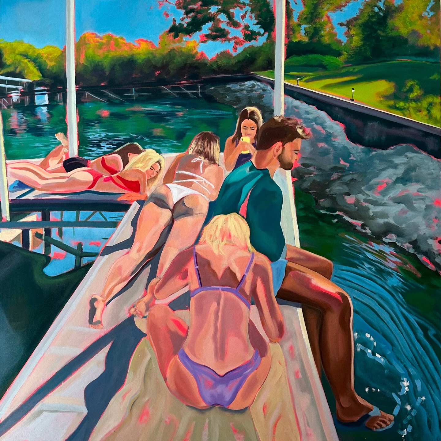 An oil painting of a group of people sitting on a dock by a lake.