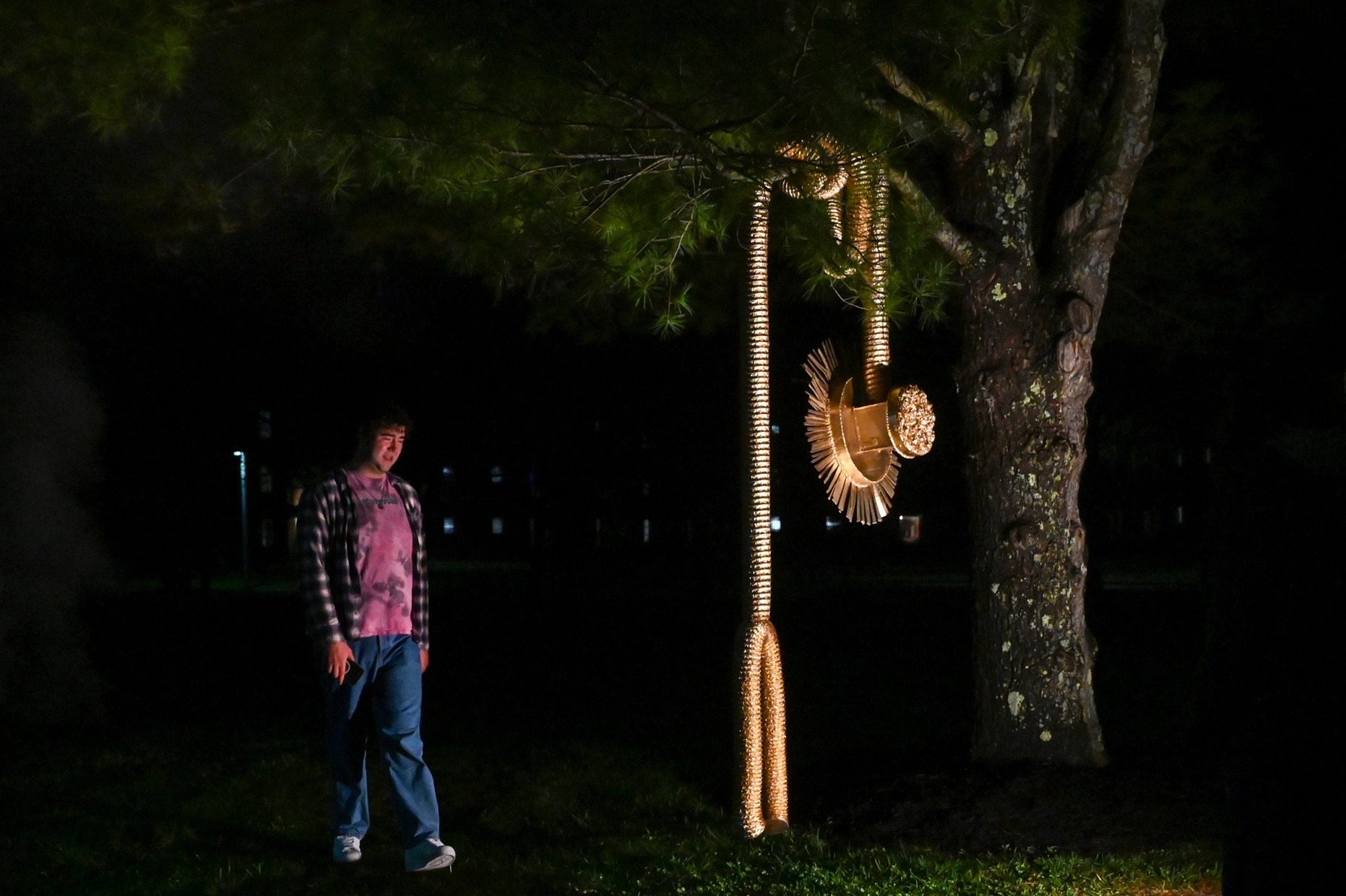 A person walks from the dark towards a lit sculpture of a stethoscope hanging from a tree.