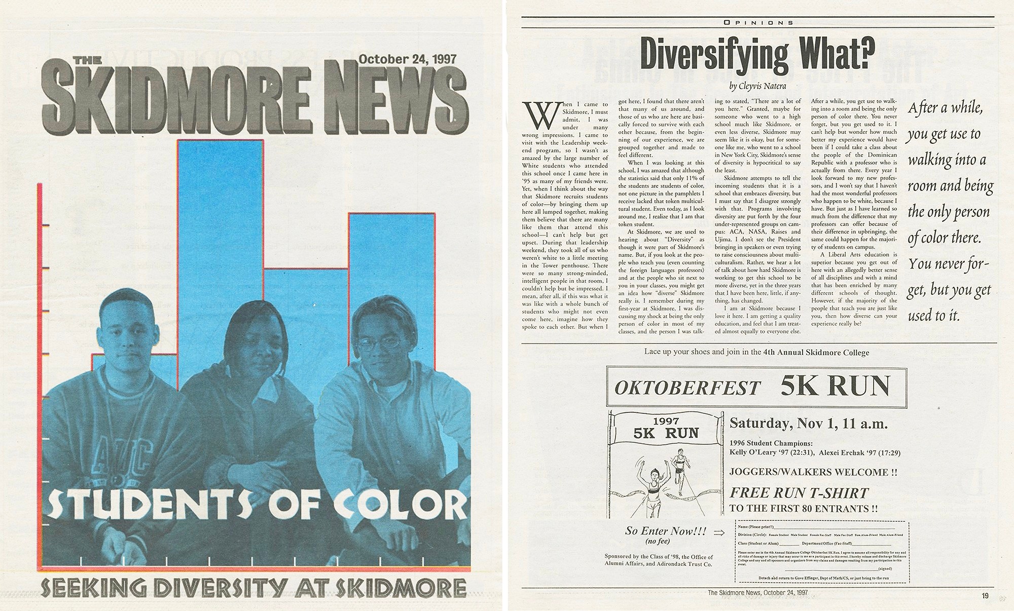 The front fold of a Skidmore newspaper with three images of students of color in front of blue bars on a graph with the headline "Students of Color Seeking Diversity at Skidmore" next to an article titled "Diversifying What?"