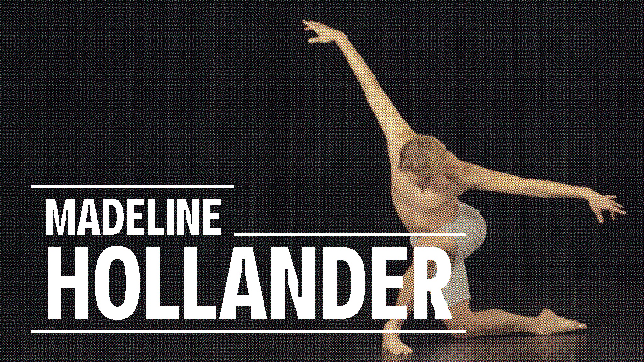 The name "Madeline Hollander" is overlaid in white type on an image of a male ballet dancer wearing shorts but no shirt. He bows deeply against a black background. His arms are fully extended and he rests his weight on one knee. His head is lowered so that his face is not visible. 