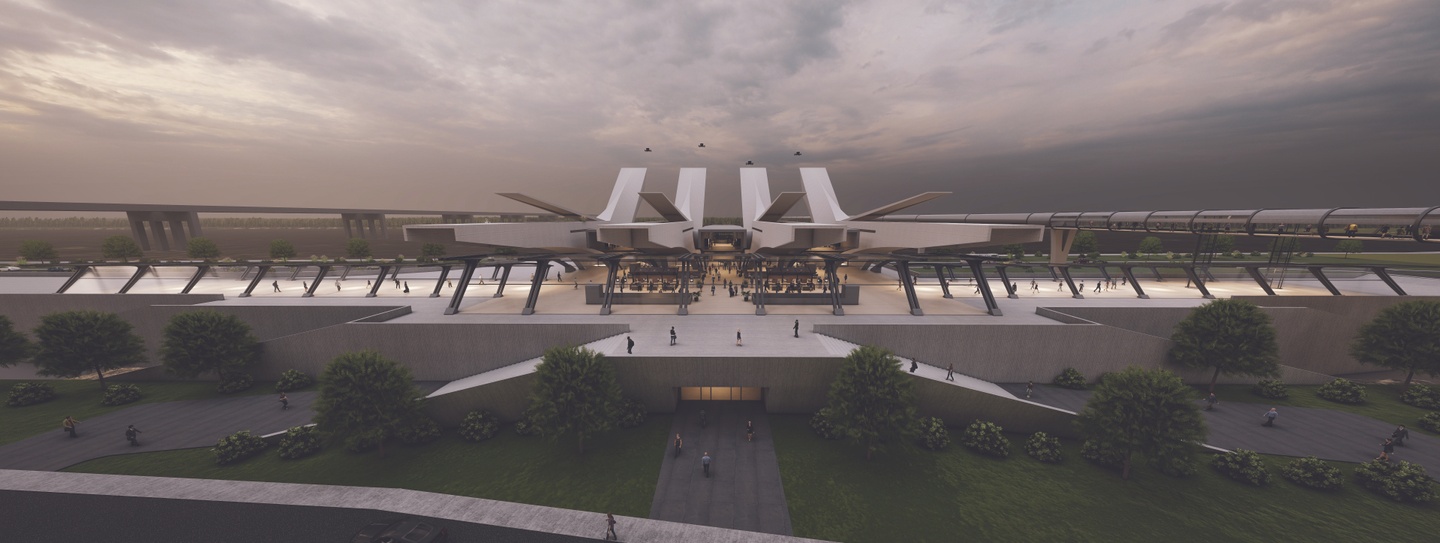 Rendering of a futuristic complex with four upward projecting nodes that are emitting drones. Covered walkways surround the depot and a subterranean concrete bunker forms the base of the structure.