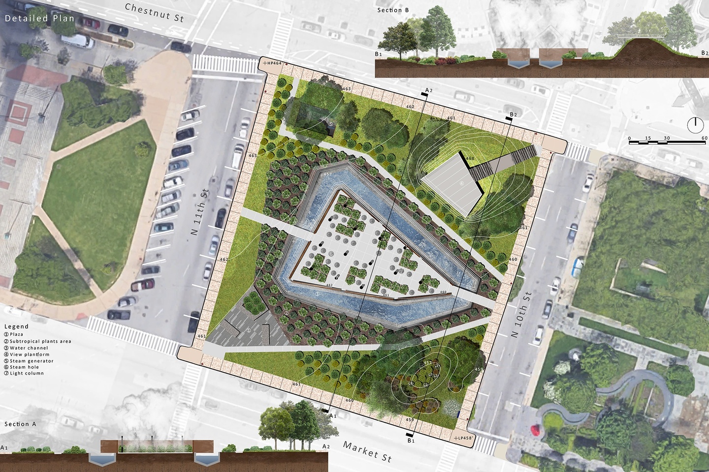 Detailed site plan for the area near St. Louis' Gateway Arch with a legend on the side 