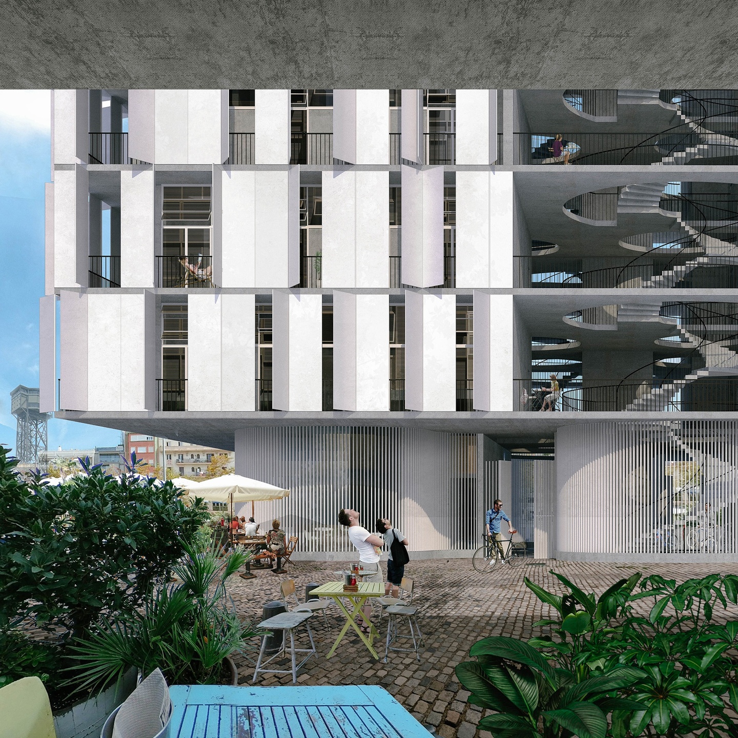 Computer rendering of the exterior corner of a large apartment building with tropical plants in the foreground. The building has large vertical panel facade system with an interior spiral stair open to the outside.