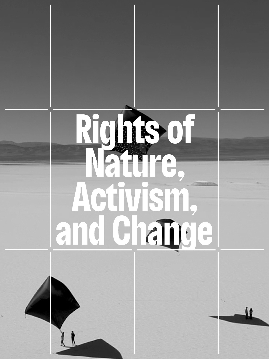 The event title "Rights of Nature, Activism, and Change" overlaid on a photo of small black hot air balloons rising over a salt flat without the use of fossil fuels. 