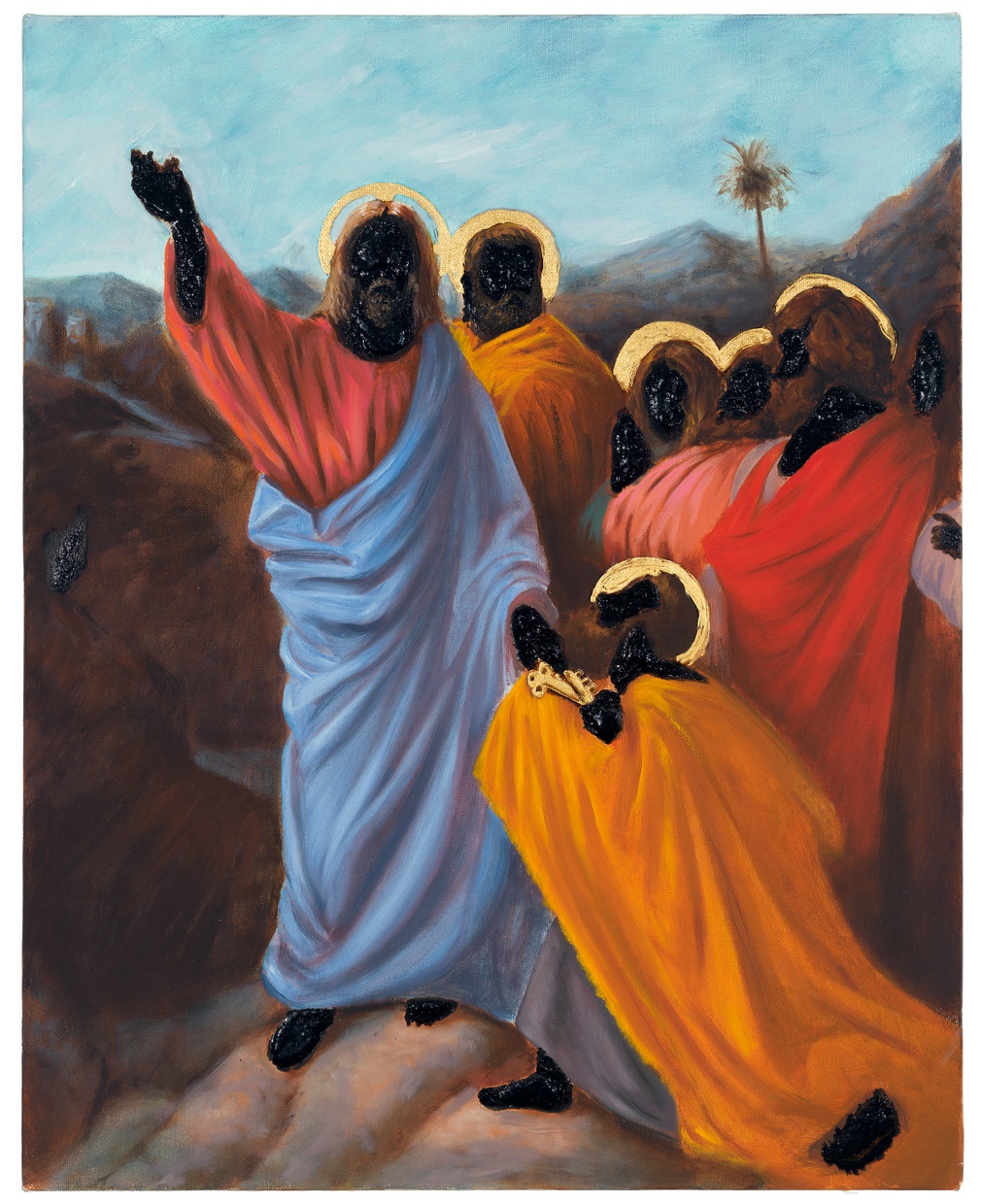 A painting of a group of golden-haloed men in robes gathered around a bearded man whose right hand is raised in the air and whose left is passing golden keys to a kneeling man. The skin of all of these men is covered in black tar.