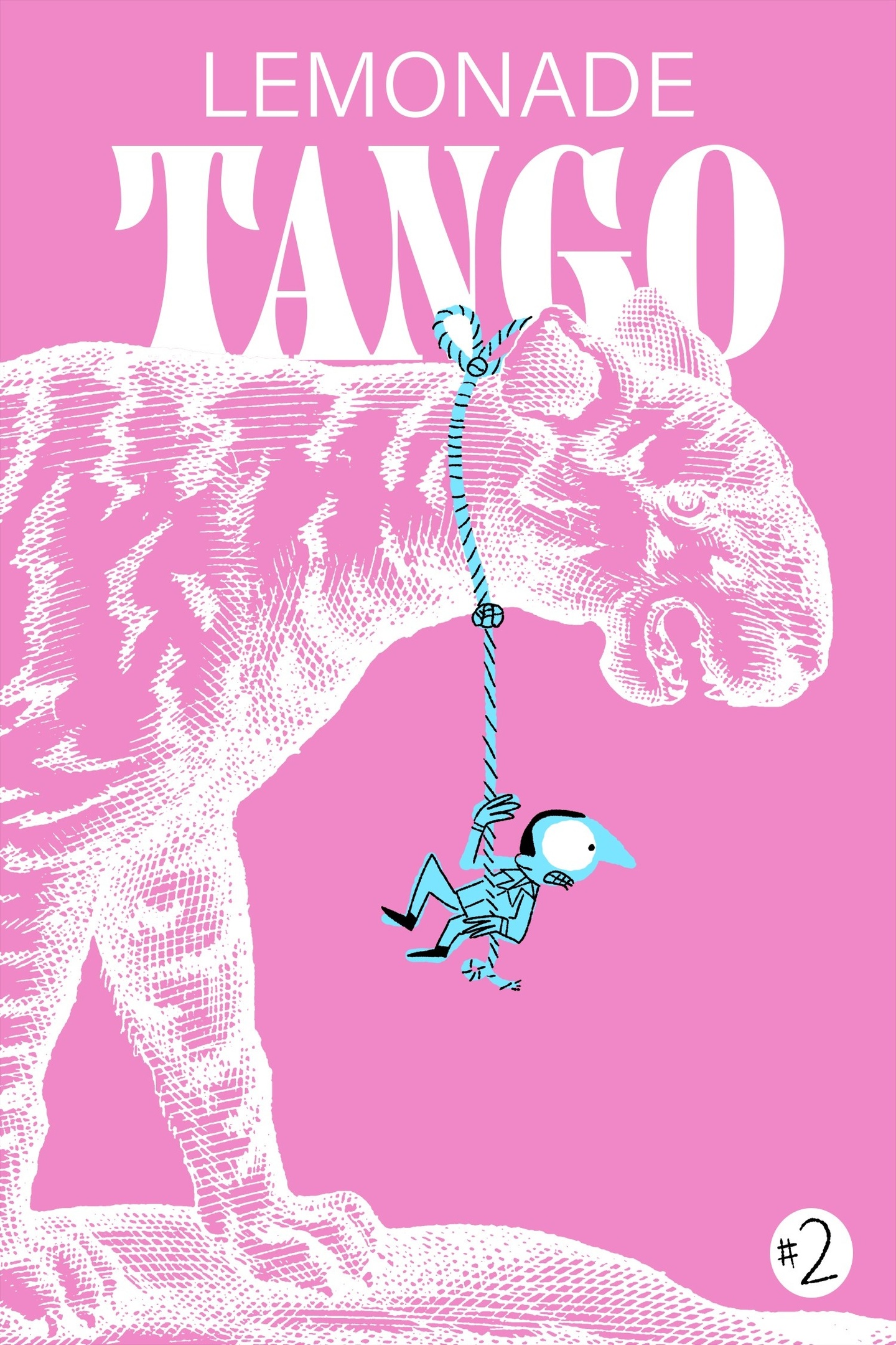 Pink LEMONADE TANGO cover with a tiny man hanging off a tiger's neck