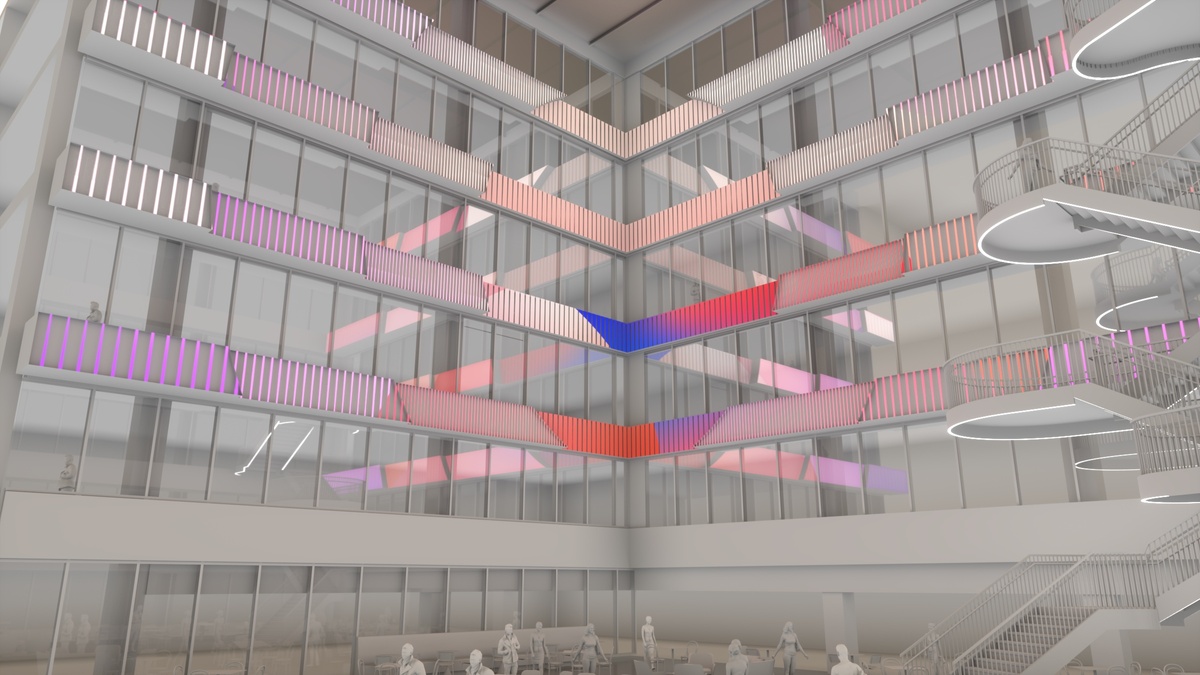 Render of vertical color bands taking over the four LED screens in the atrium space