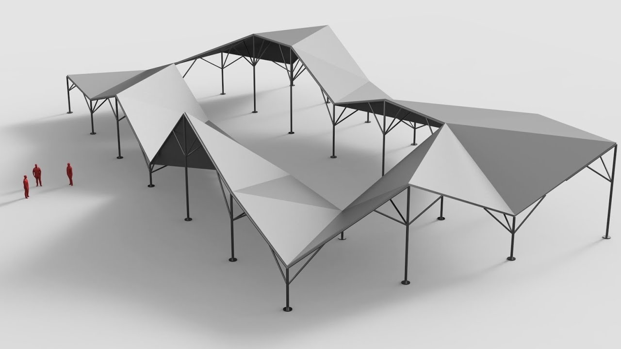 Perspective view of a 3D digital model of an angular pavilion with thin columns.