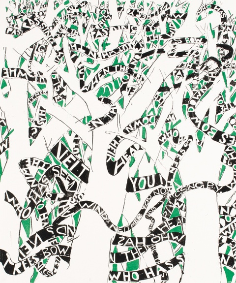 Screen print of intertwining tree branches with hand-drawn text banners woven in between in black and green