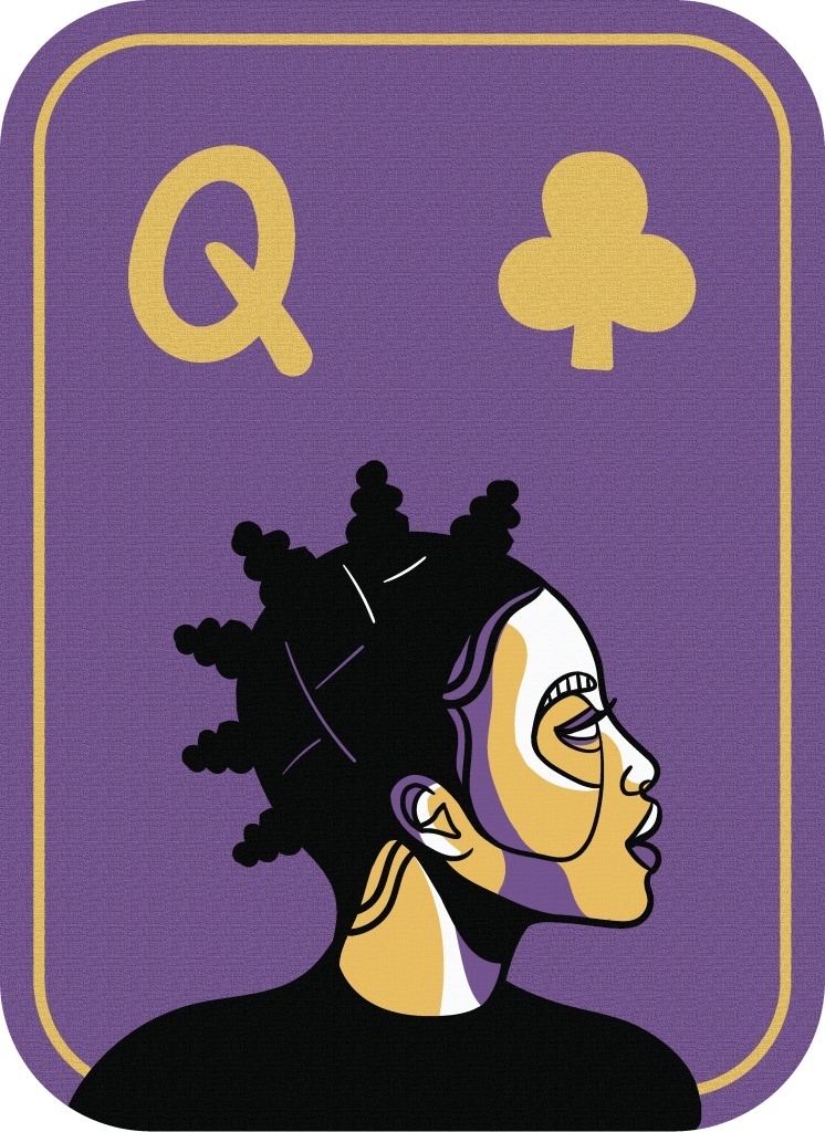 Image of a card with a purple background, showing a figure in profile featuring a Bantu knot hairstyle. The letter Q appears in the left corner, and a symbol of a club appears in the right corner.