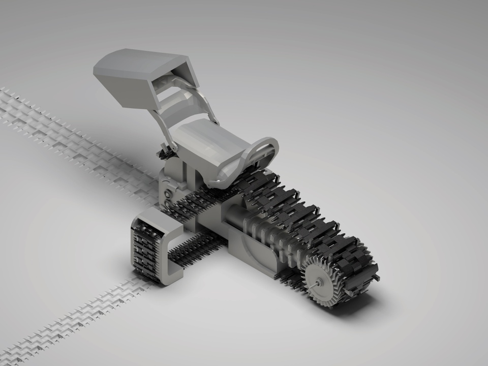 Rendering of a gray, mobile architectural assembly with treads and gears.