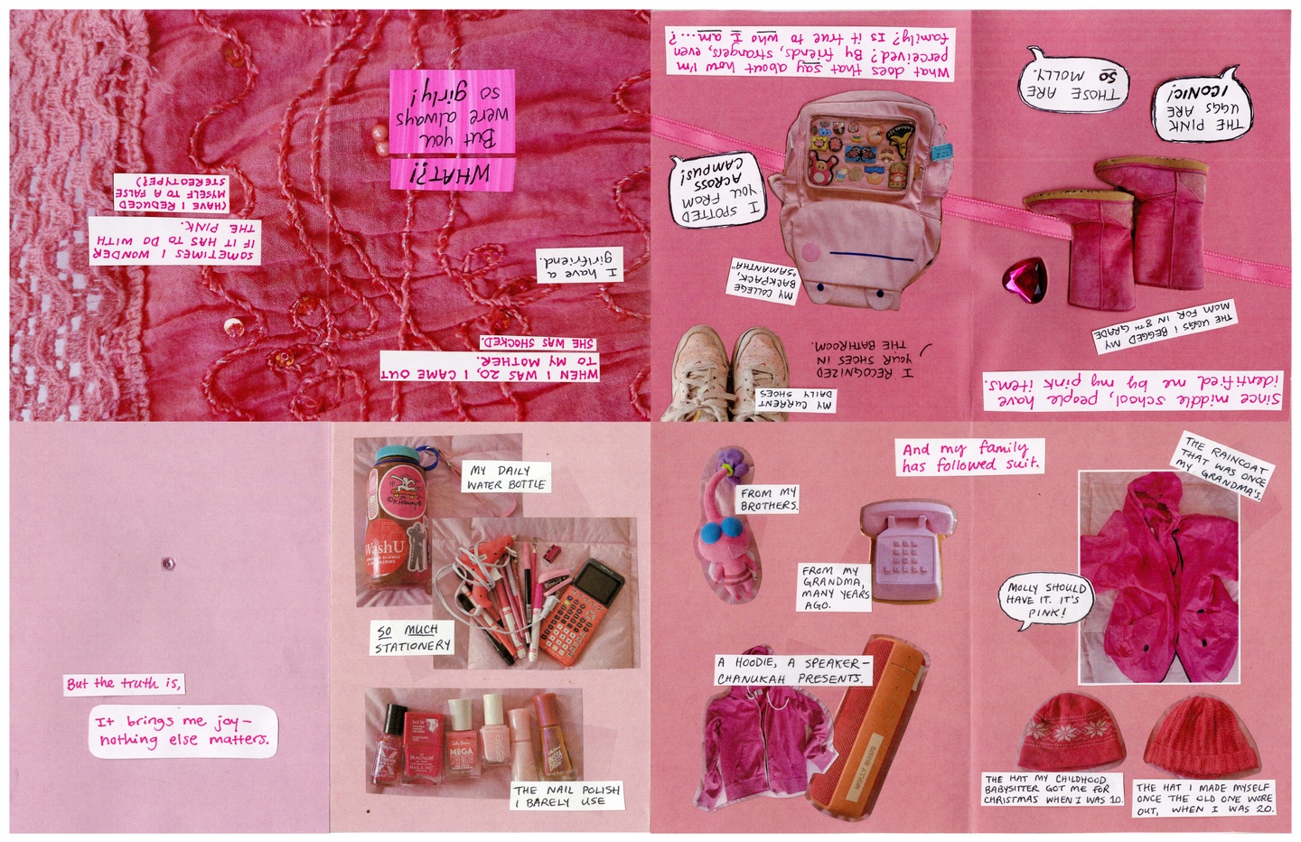 A spread of the book with handwritten, pink text and pink images.