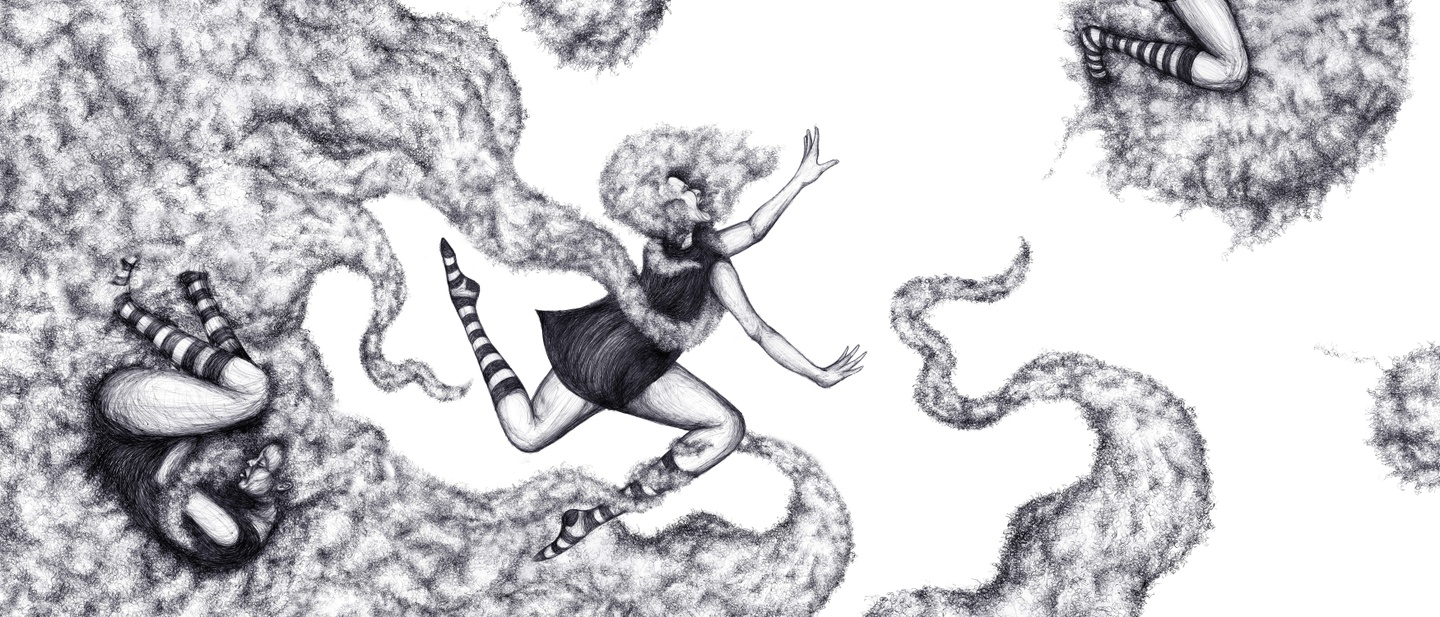 Black and white drawing of a huge mass of hair along the left side of the frame. It is reaching out with tendrils to grab at two fleeing people wearing black shift dresses and striped stockings who have hair the same texture as the thing grabbing them.