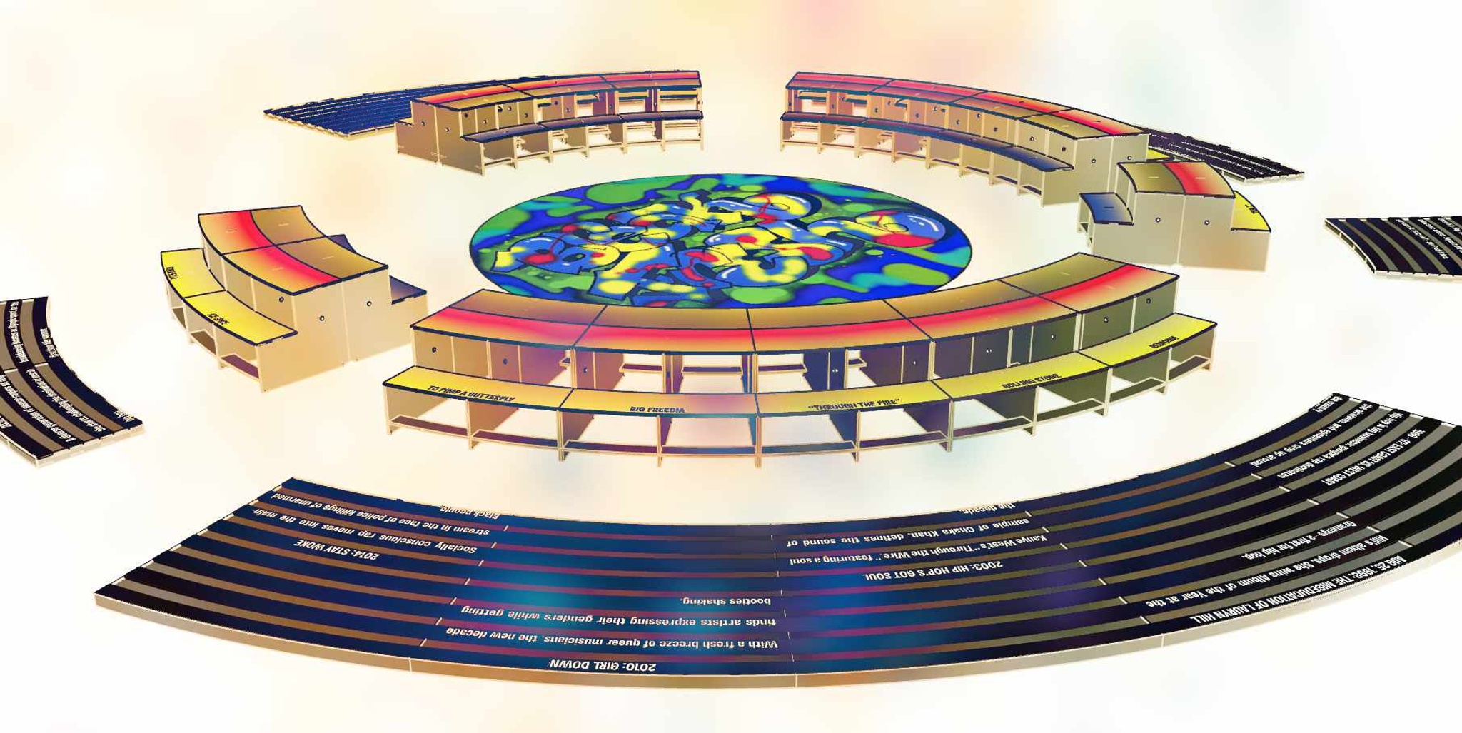 A rendering of an installation artwork that includes a central circular stage and low, bleacher-like seating that encircles the stage. The stage is decorated with a swirl of bright green, yellow, and blue colors. 