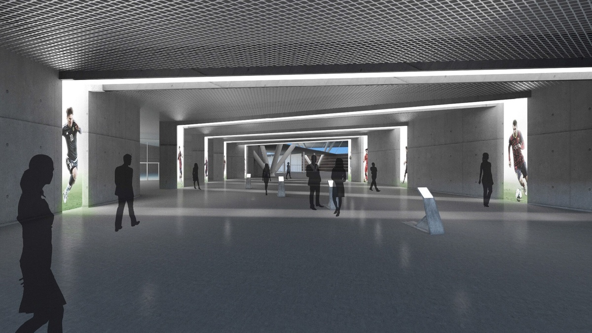 Interior render of hallway with stripes cut away revealing digital content featuring different athletes.